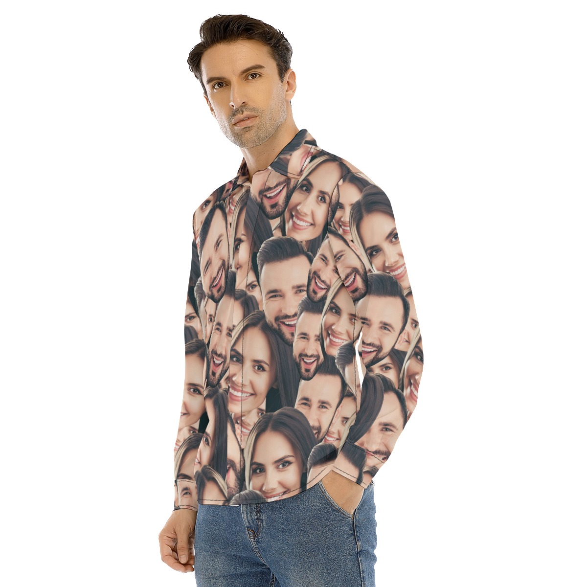 Custom Couple Faces Long Sleeve Hawaiian Shirt