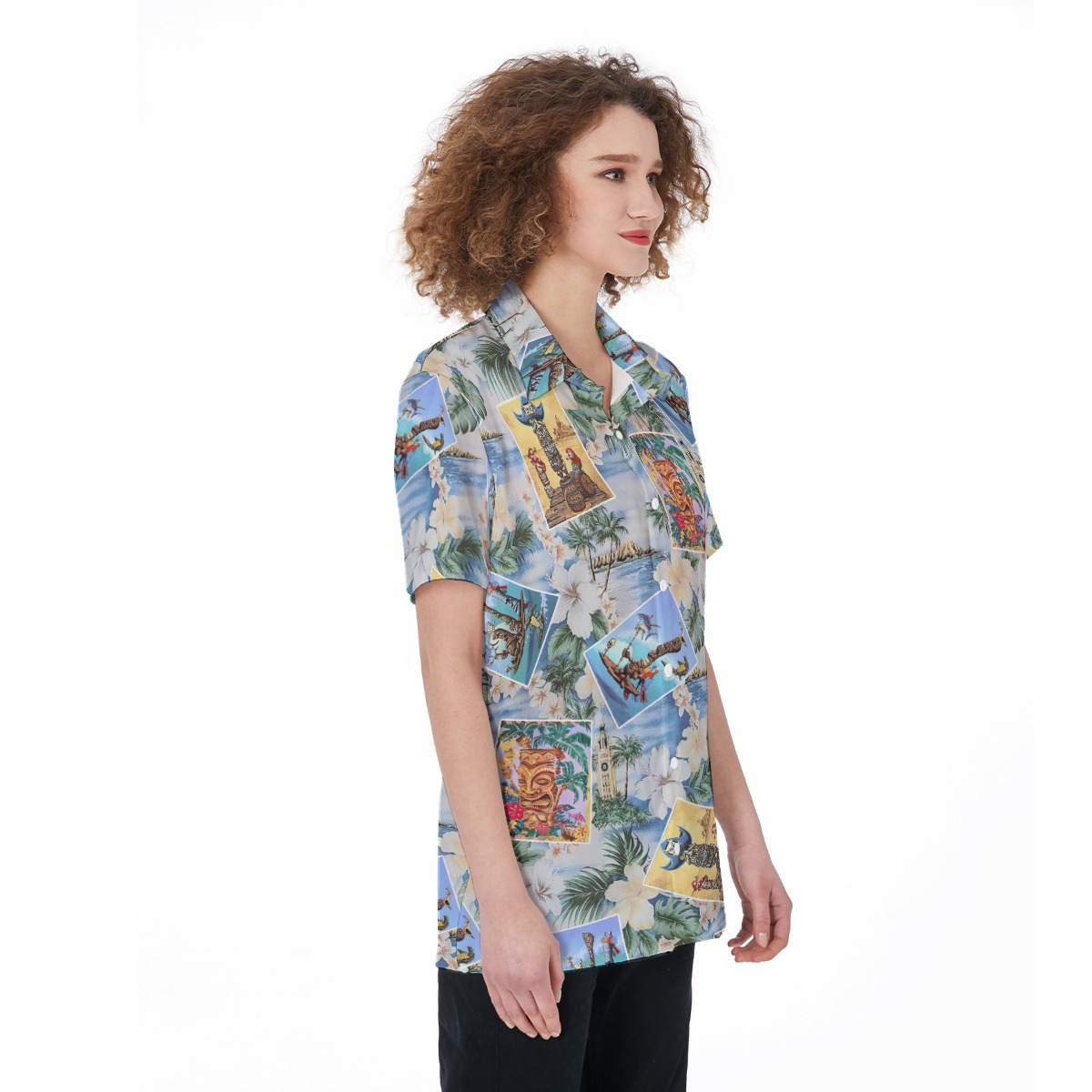Funny Tiki Floral Aloha Button Up Shirt For Women