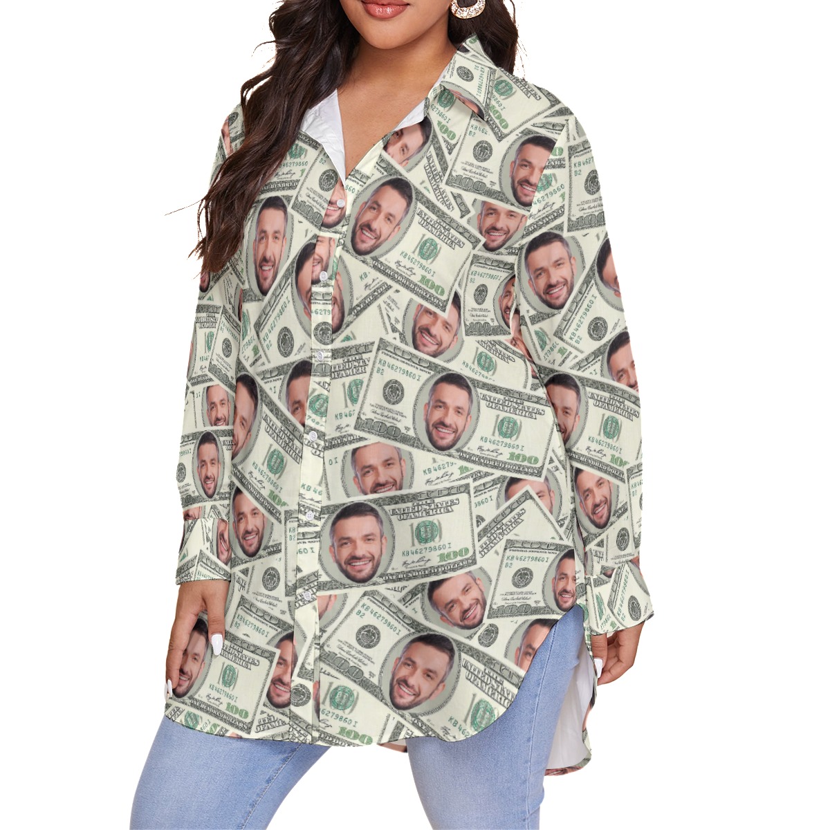Unique Custom Face Money Hawaiian Oversize Shirt For Women