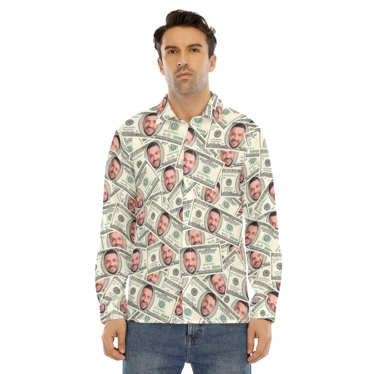 Funny Custom Face On Dollars Hawaiian Long Sleeve Shirt For Men - variant image 1