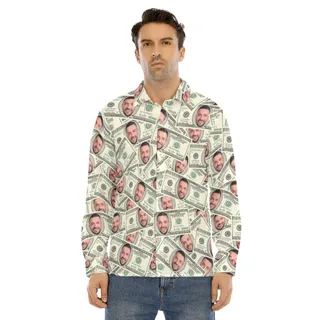 Funny Custom Face On Dollars Hawaiian Long Sleeve Shirt For Men