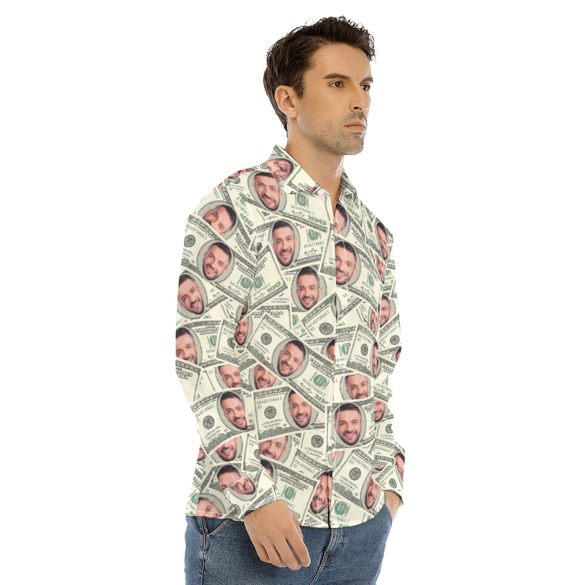 Funny Custom Face On Dollars Hawaiian Long Sleeve Shirt For Men