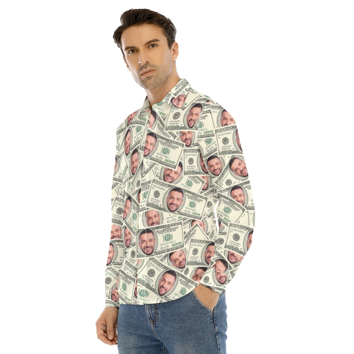 Funny Custom Face On Dollars Hawaiian Long Sleeve Shirt For Men