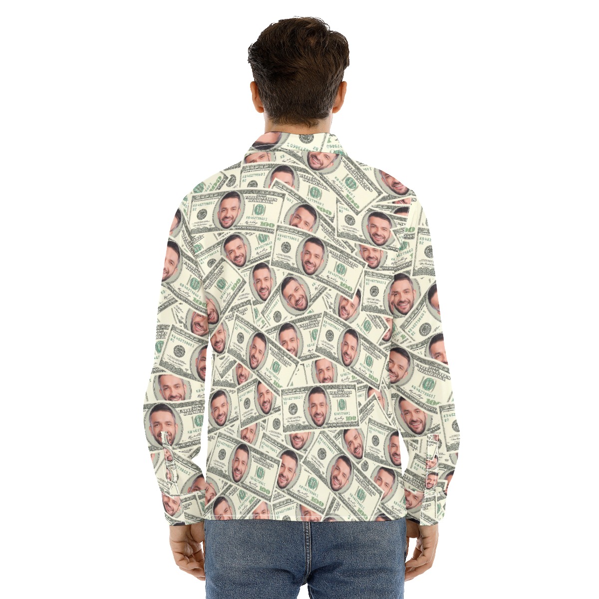 Funny Custom Face On Dollars Hawaiian Long Sleeve Shirt For Men