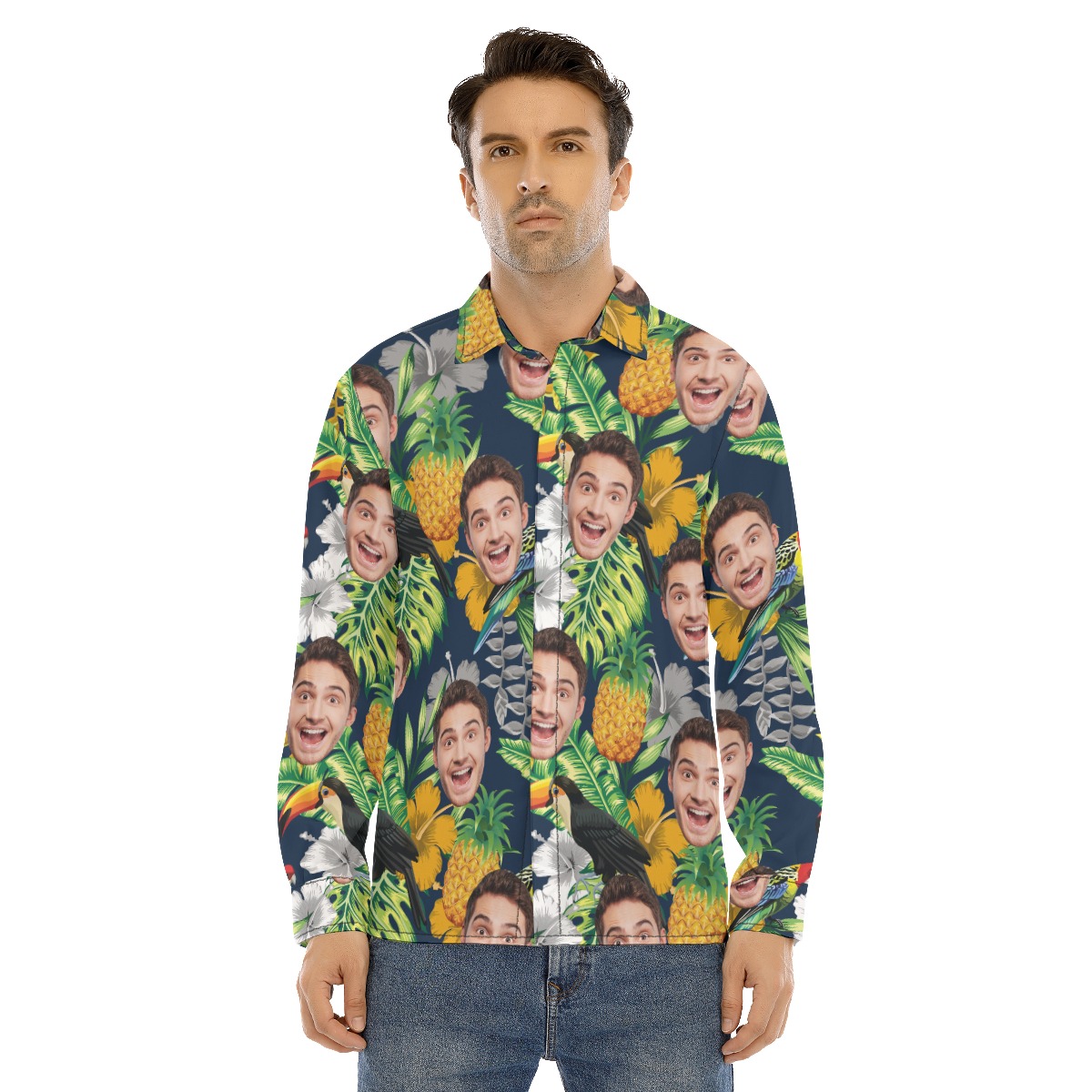 Custom Face Mix Parrots Tropical Hawaiian Long Sleeve Shirt - variant image 1