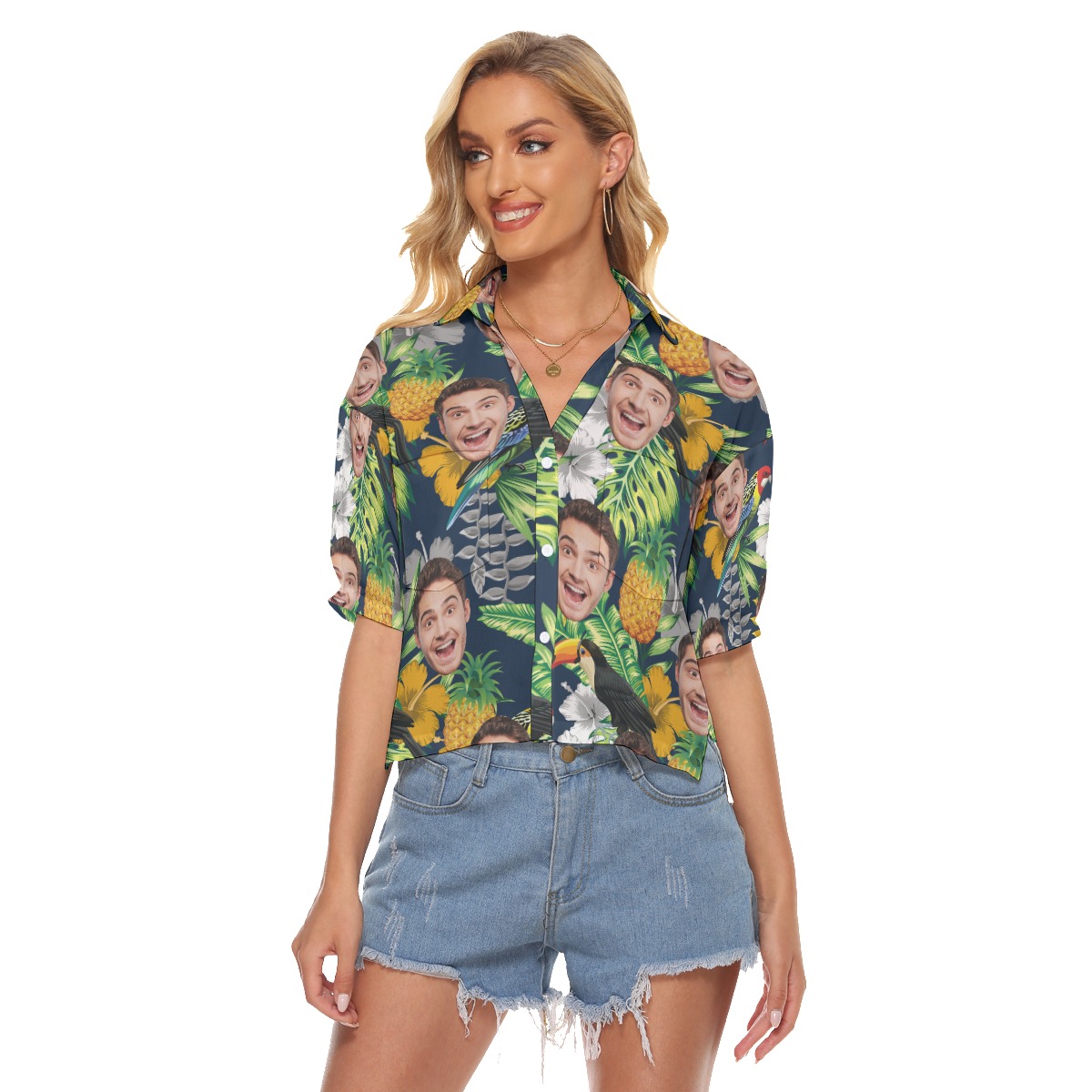 Funny Custom Face Tropical Parrots Hawaiian Cropped Shirt For Women - variant image 1