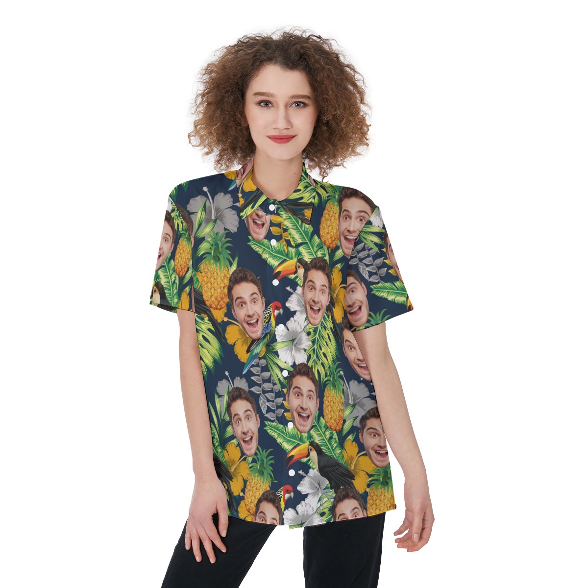 Custom Face Tropical Parrots Aloha Button Up Shirt For Women - variant image 1