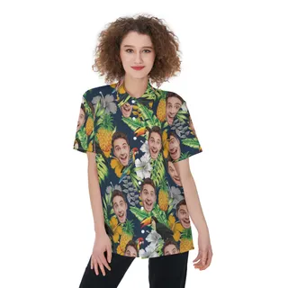 Custom Face Tropical Parrots Aloha Button Up Shirt For Women