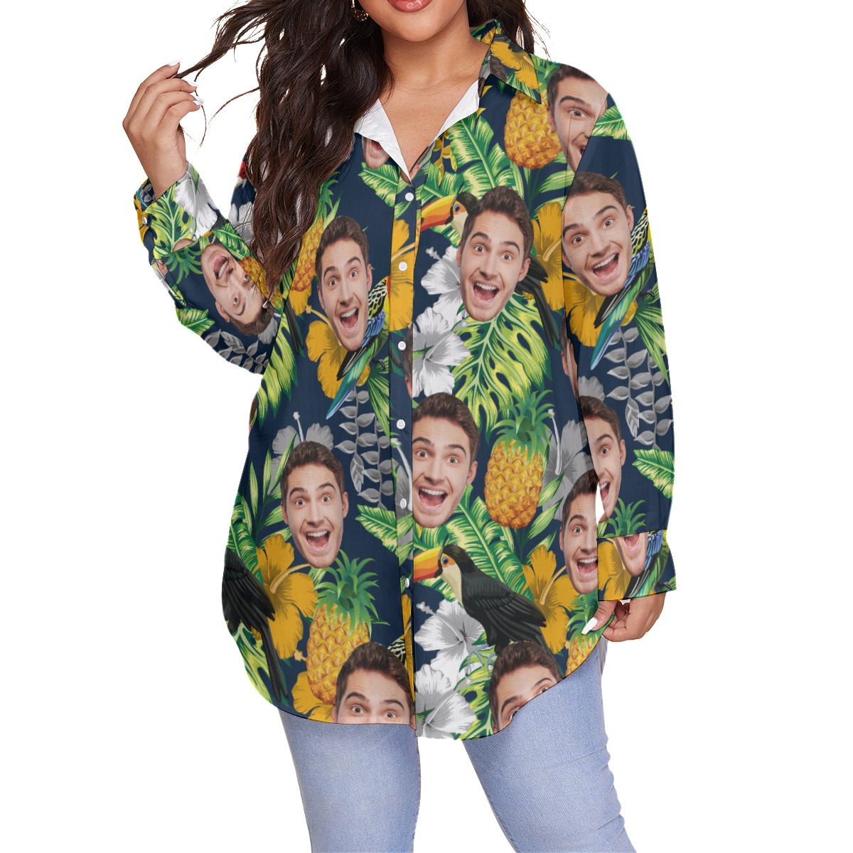 Funny Custom Face Tropical Parrots Hawaiian Plus Size Shirt For Women - variant image 1