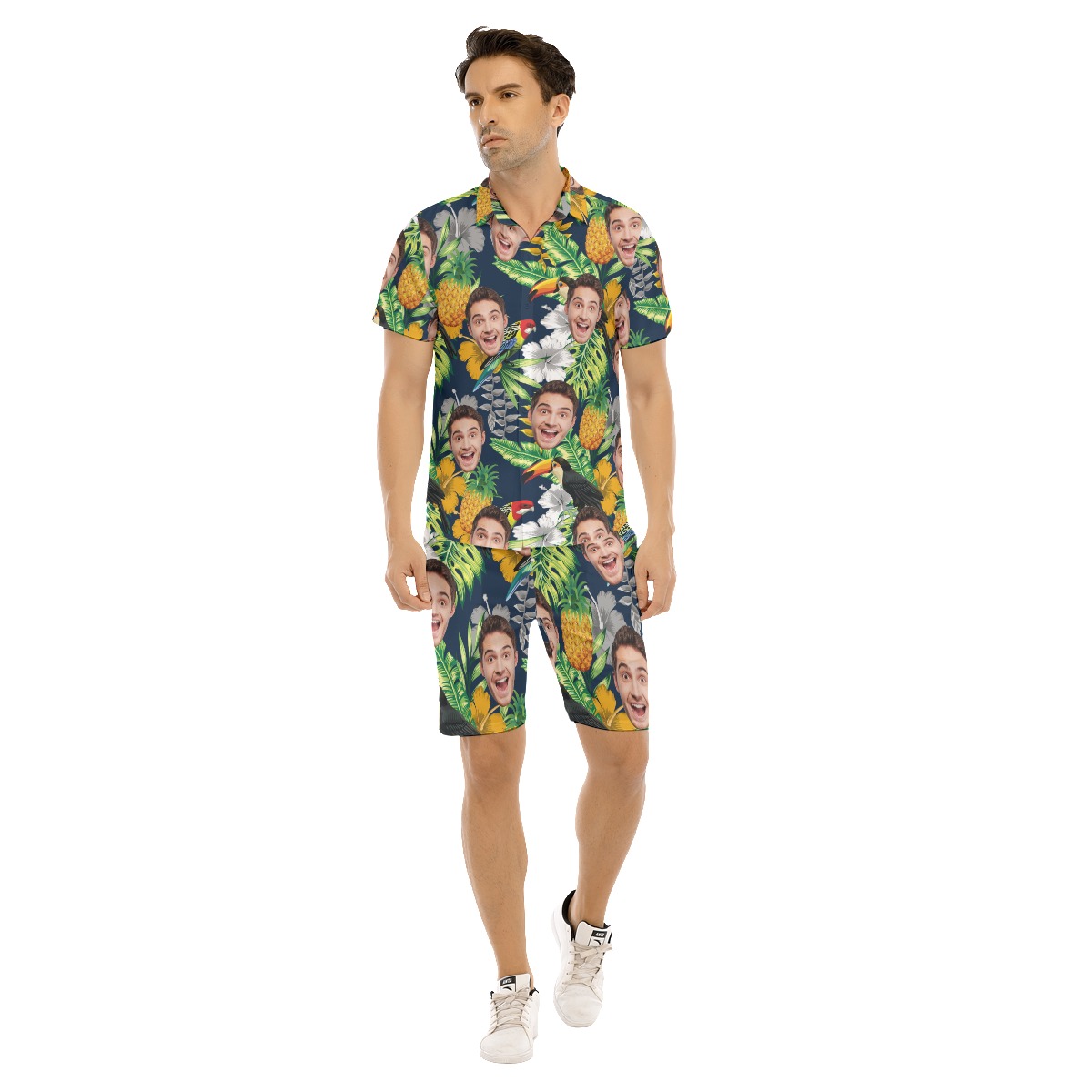 Set Custom Face Tropical Parrots Hawaiian Shirt And Shorts For Men - variant image 1