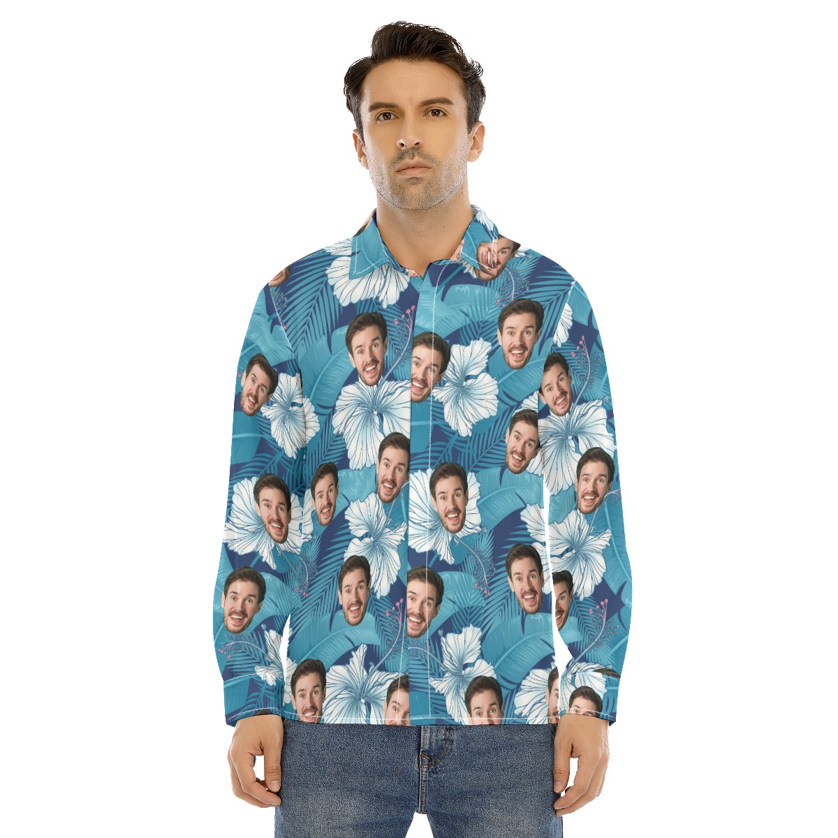 Unique Custom Face Long Sleeve Hawaiian Shirt For Men - variant image 1