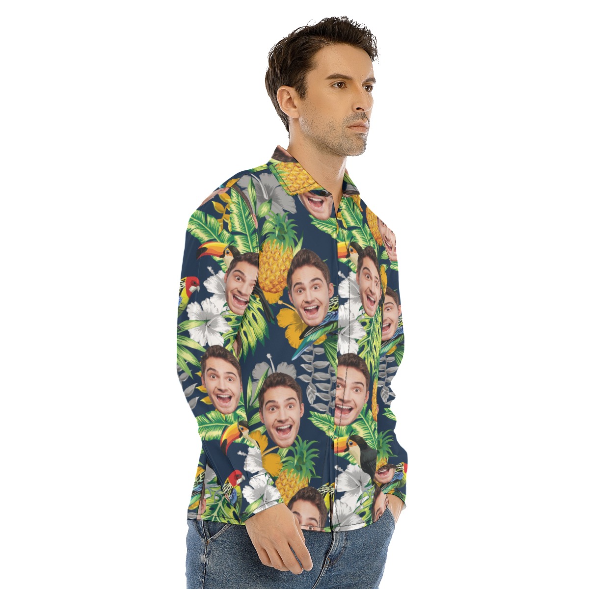 Custom Face Mix Parrots Tropical Hawaiian Long Sleeve Shirt