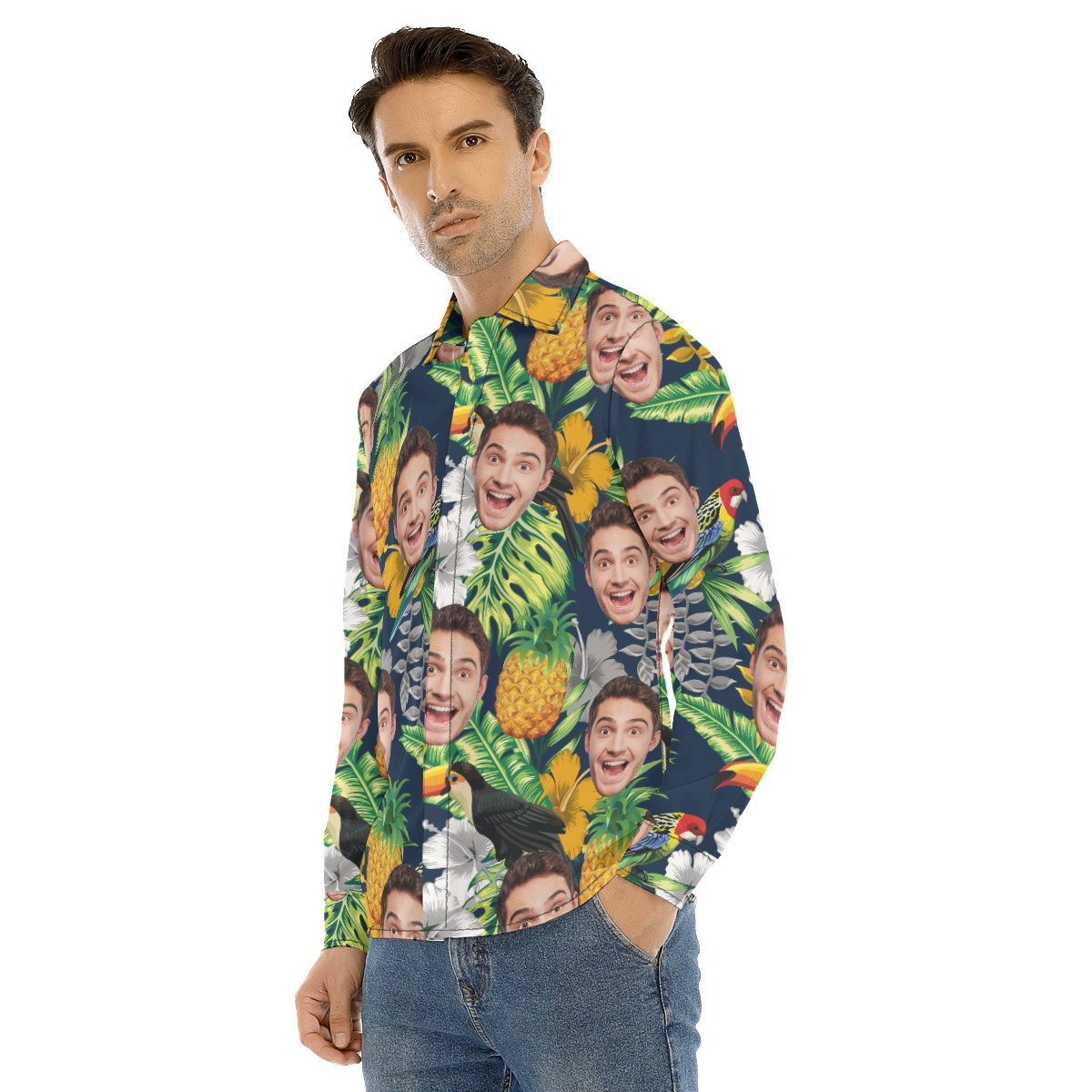 Custom Face Mix Parrots Tropical Hawaiian Long Sleeve Shirt