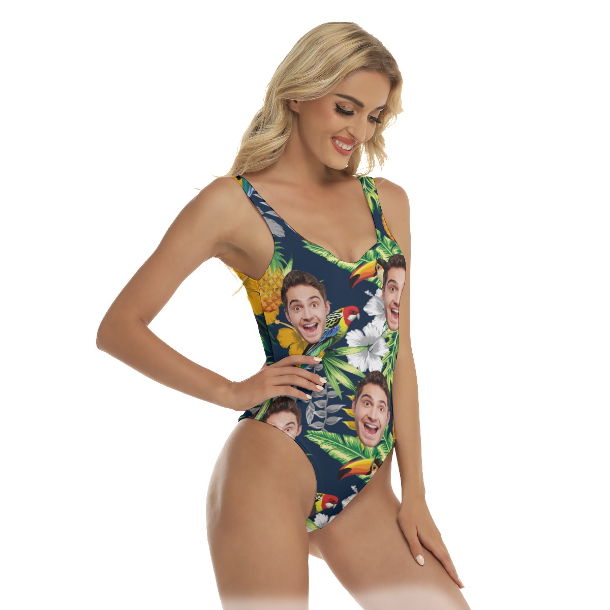 Custom Face Tropical Parrots Hawaiian One Piece Swimsuit For Women