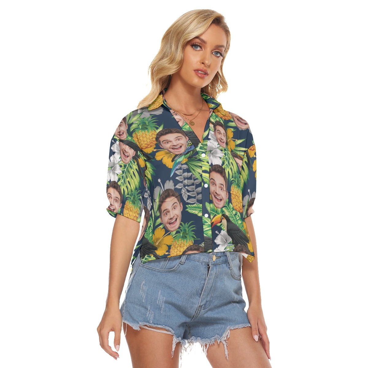 Funny Custom Face Tropical Parrots Hawaiian Cropped Shirt For Women