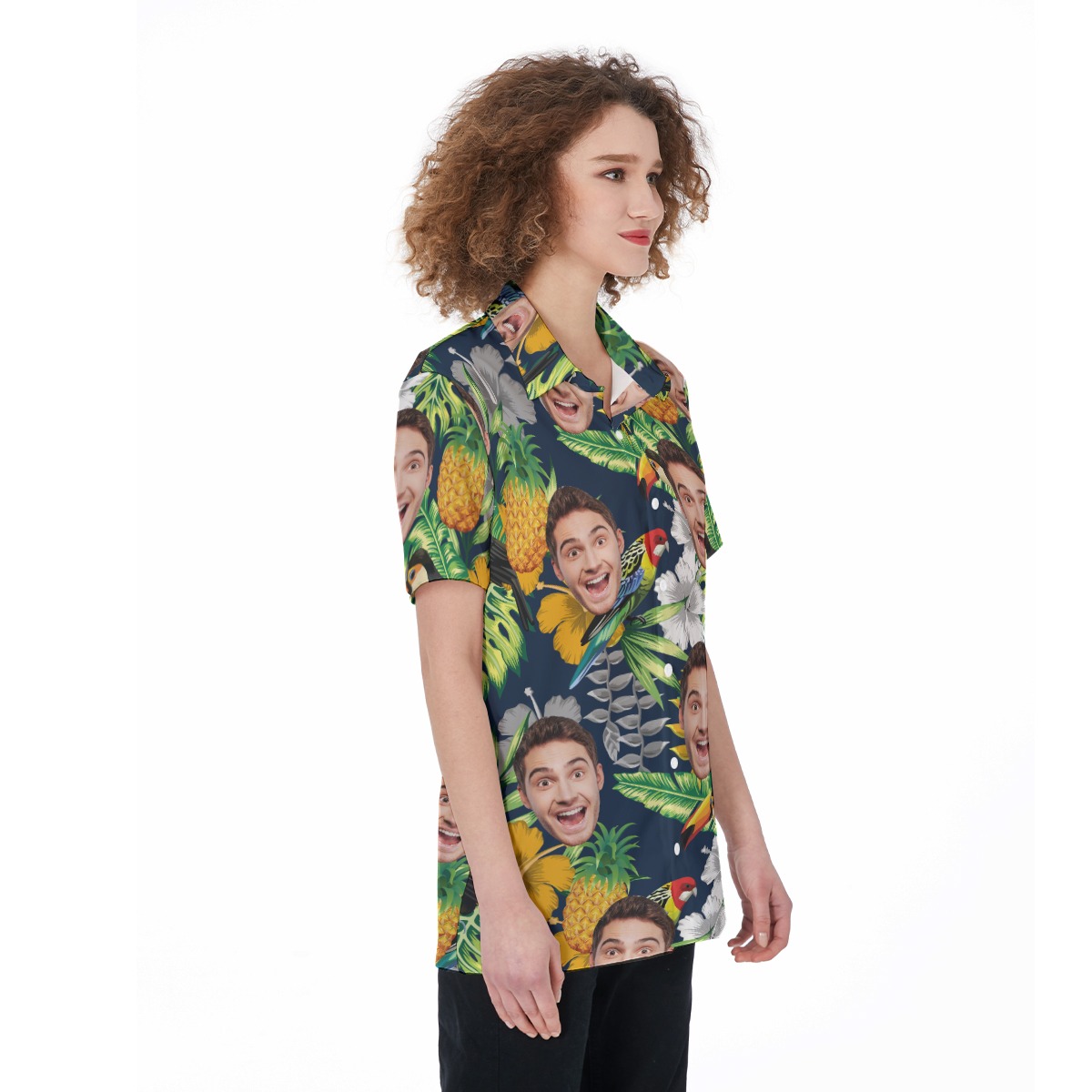 Custom Face Tropical Parrots Aloha Button Up Shirt For Women