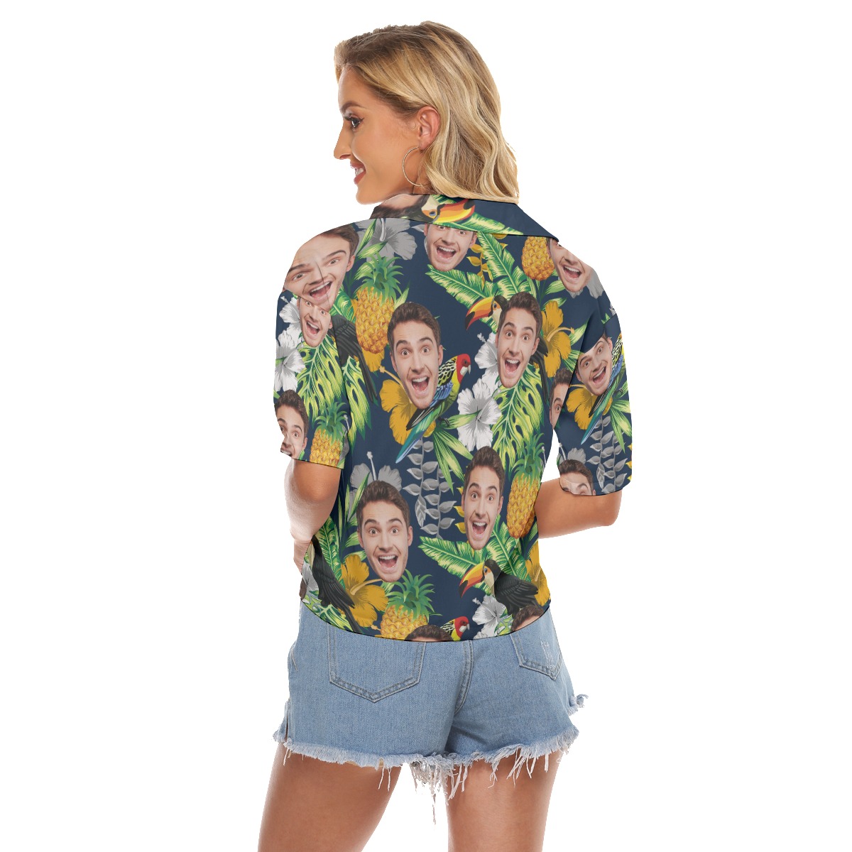 Funny Custom Face Tropical Parrots Hawaiian Cropped Shirt For Women