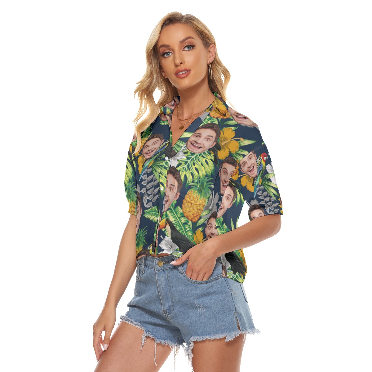 Funny Custom Face Tropical Parrots Hawaiian Cropped Shirt For Women
