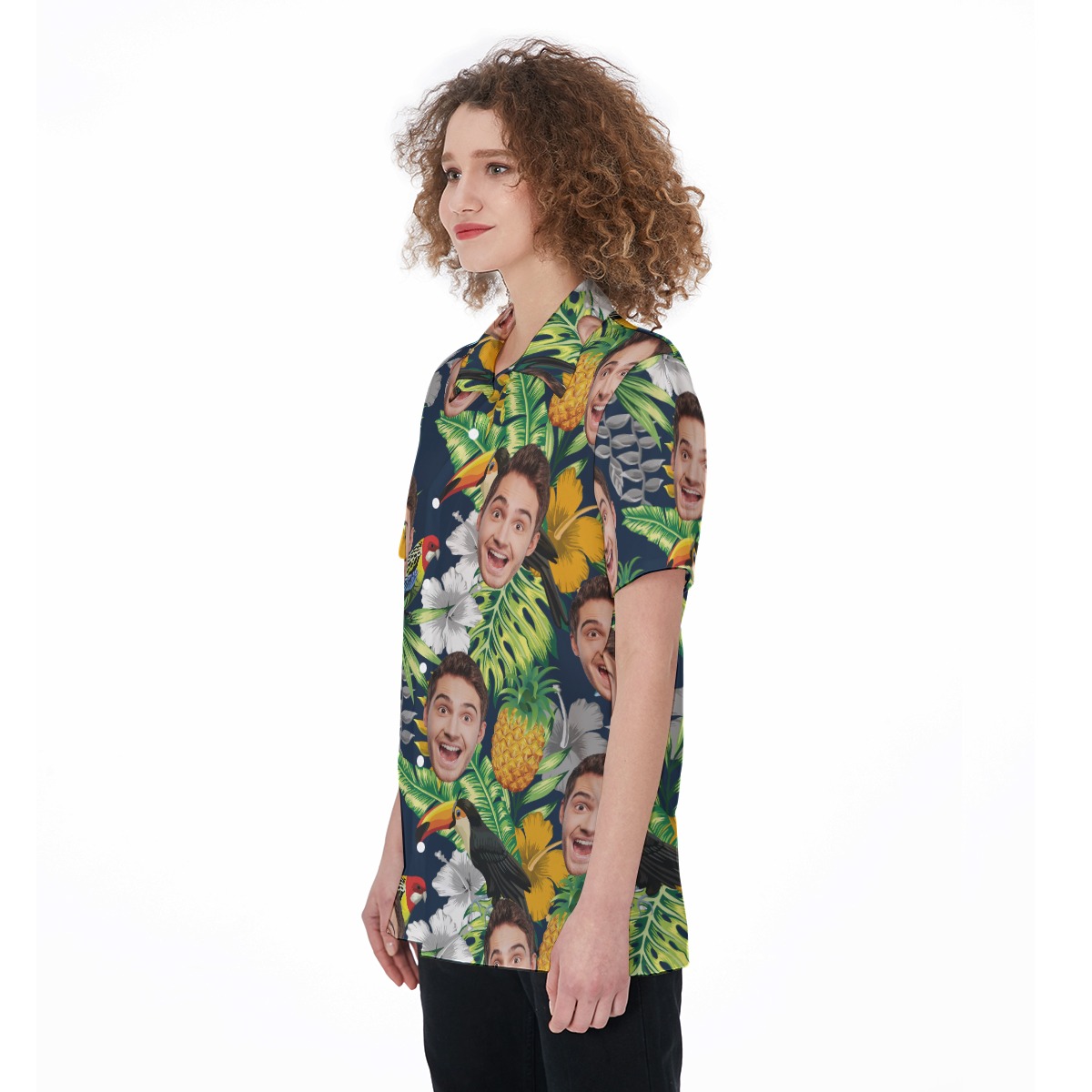 Custom Face Tropical Parrots Aloha Button Up Shirt For Women