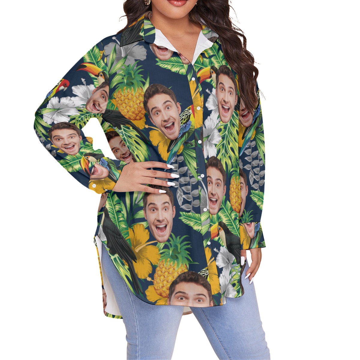 Funny Custom Face Tropical Parrots Hawaiian Plus Size Shirt For Women