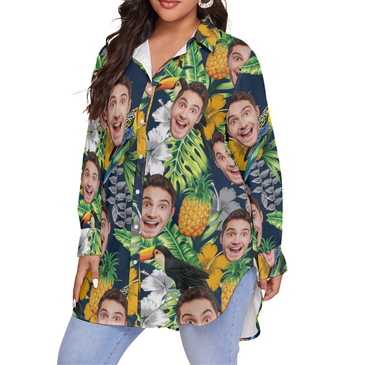 Funny Custom Face Tropical Parrots Hawaiian Plus Size Shirt For Women