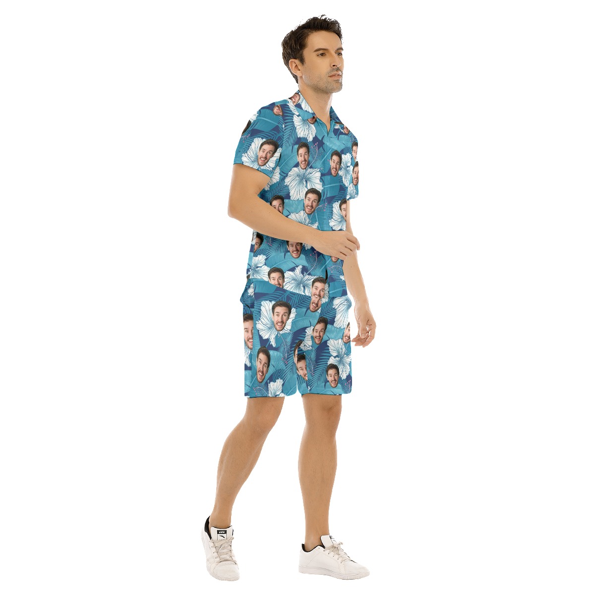 Custom Face Blue Hawaiian Shirt And Shorts For Men
