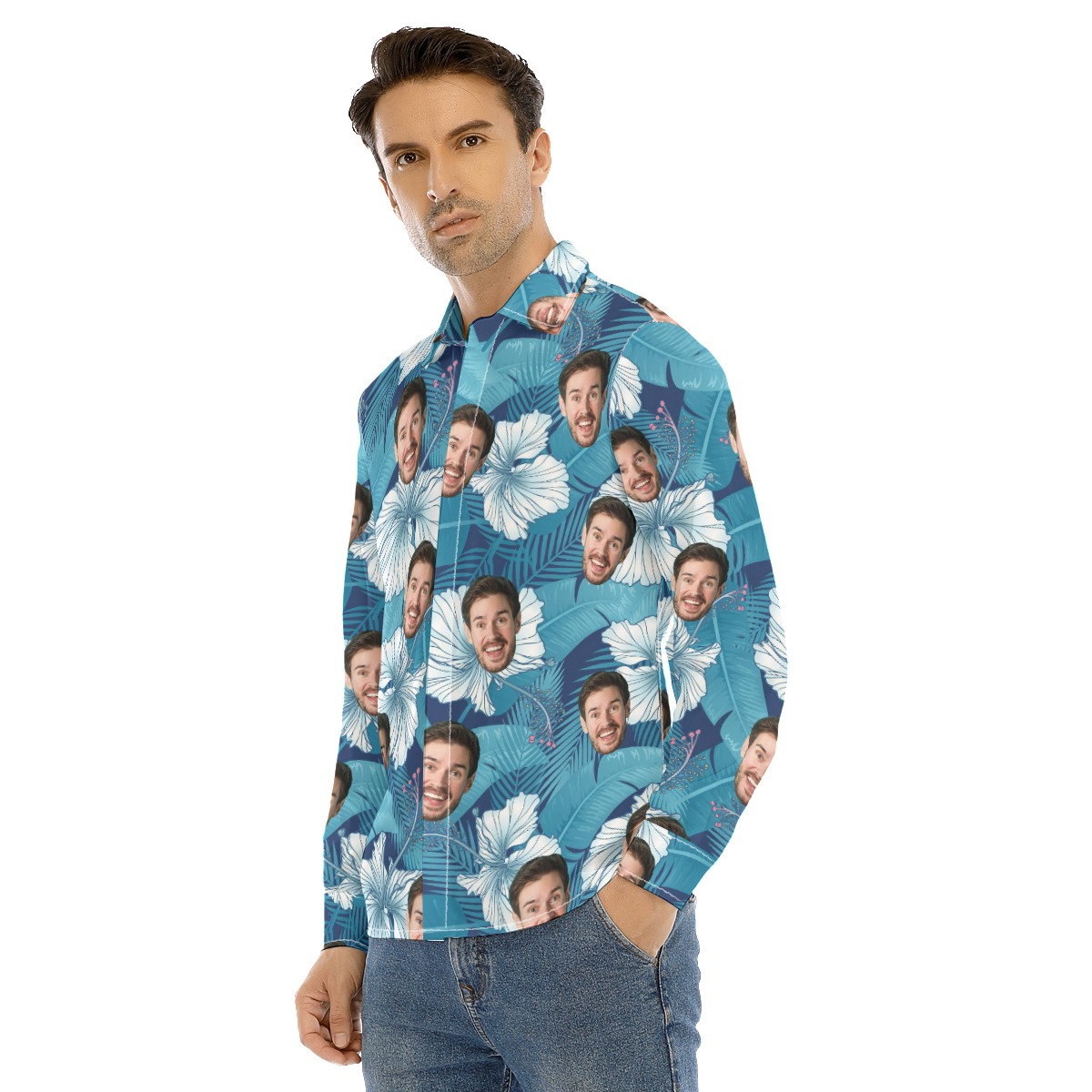 Unique Custom Face Long Sleeve Hawaiian Shirt For Men
