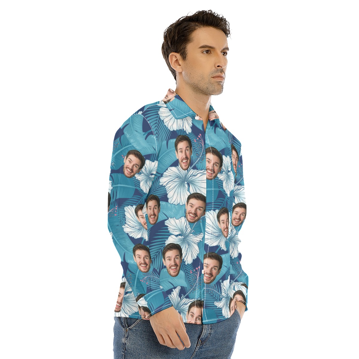 Unique Custom Face Long Sleeve Hawaiian Shirt For Men