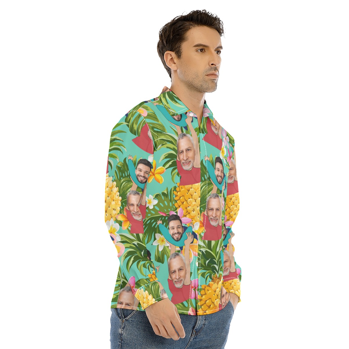 Funny Custom Face Father's Day Tropical Hawaiian Long Sleeve Shirt