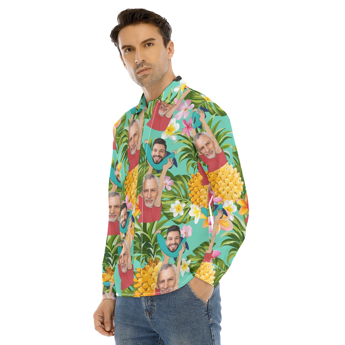 Funny Custom Face Father's Day Tropical Hawaiian Long Sleeve Shirt