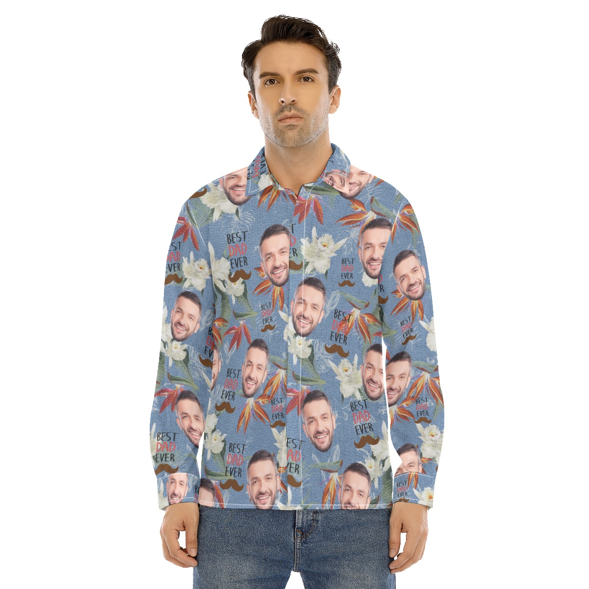 Funny Custom Face Best Dad Ever Men's Hawaiian Long Sleeve Shirt - variant image 1