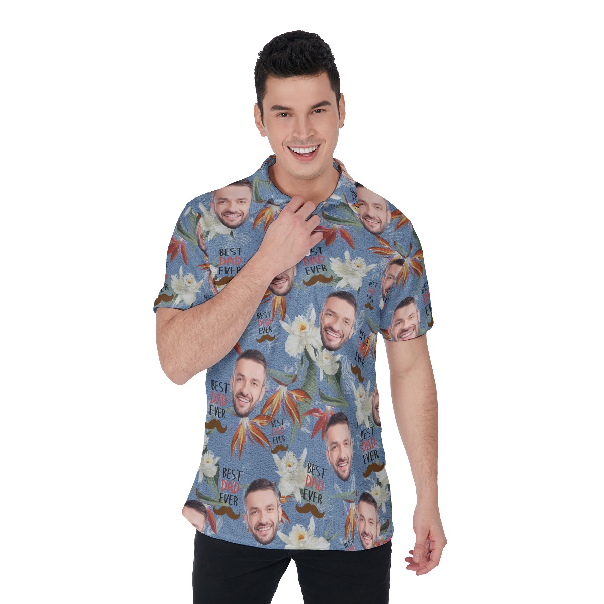 Happy Father's Day Custom Face Floral Hawaiian Polo Shirt - variant image 1