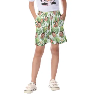 Cute Custom Face Mix Tropical Pineapple Hawaiian Beach Shorts For Kids