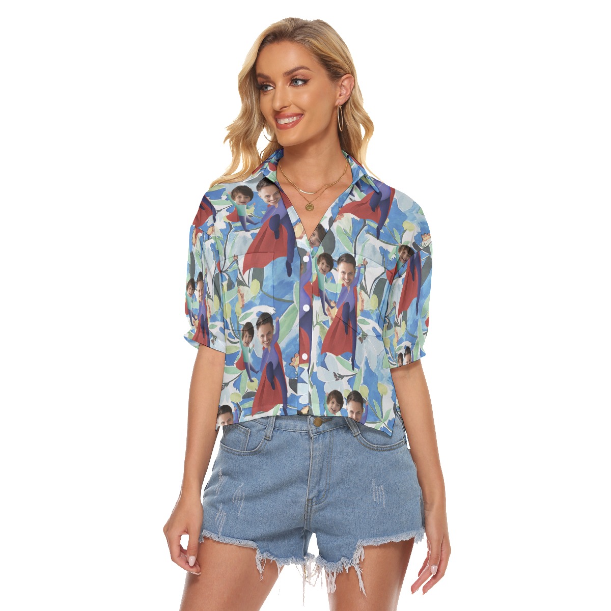 Funny Custom Face Father's Day Hawaiian Crop Top Shirt - variant image 1