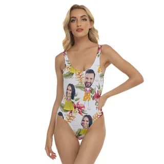 Funny Couple Custom Face Floral One Piece Swimsuit