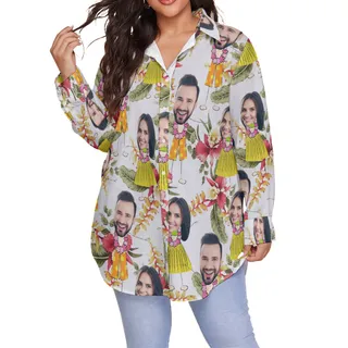 Funny Couple Custom Face Floral Hawaiian Plus Size Shirt For Women