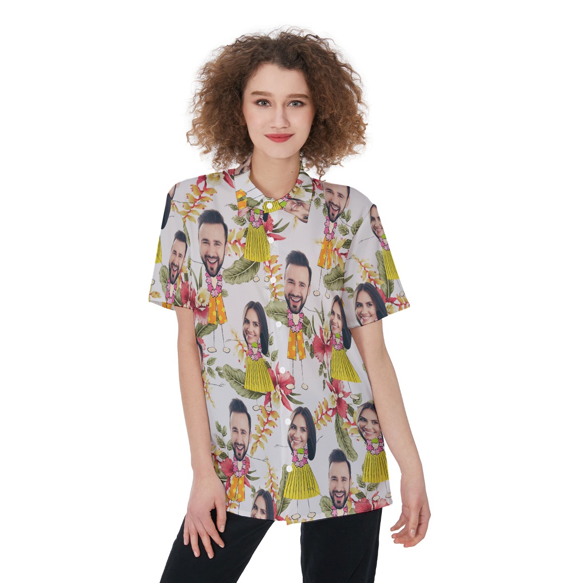 Cute Couple Custom Face Floral Aloha Shirt For Women - variant image 1