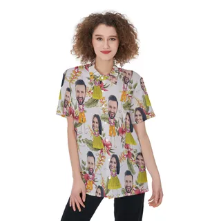 Cute Couple Custom Face Floral Aloha Shirt For Women