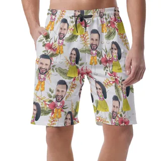 Funny Couple Custom Face Floral Summer Beach Shorts For Men