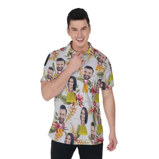 Couple Custom Face Floral Hawaiian Polo Shirt For Men