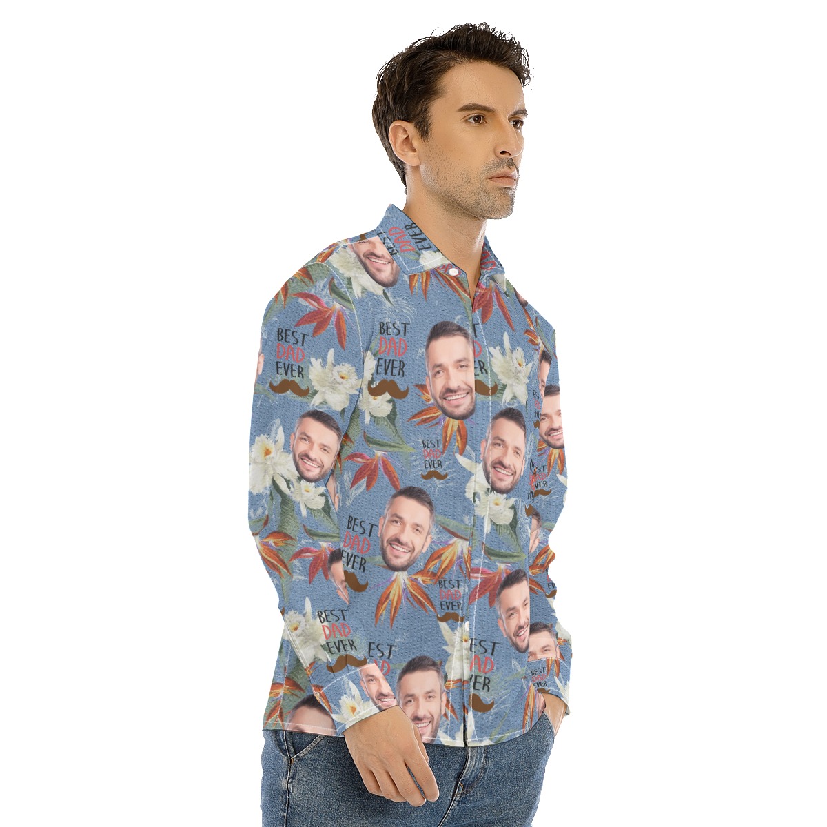 Funny Custom Face Best Dad Ever Men's Hawaiian Long Sleeve Shirt