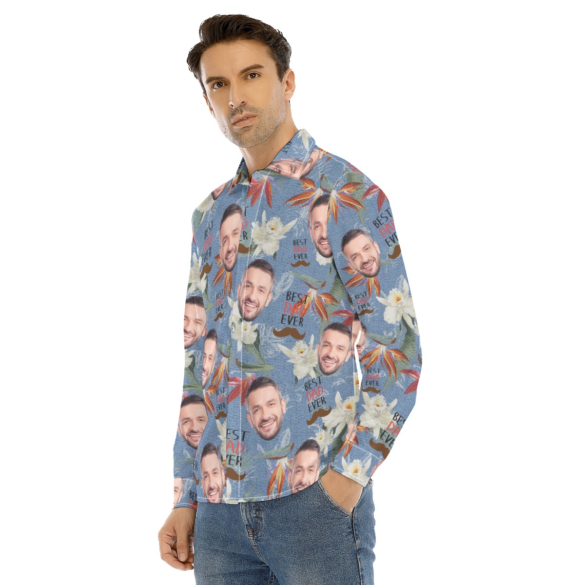 Funny Custom Face Best Dad Ever Men's Hawaiian Long Sleeve Shirt