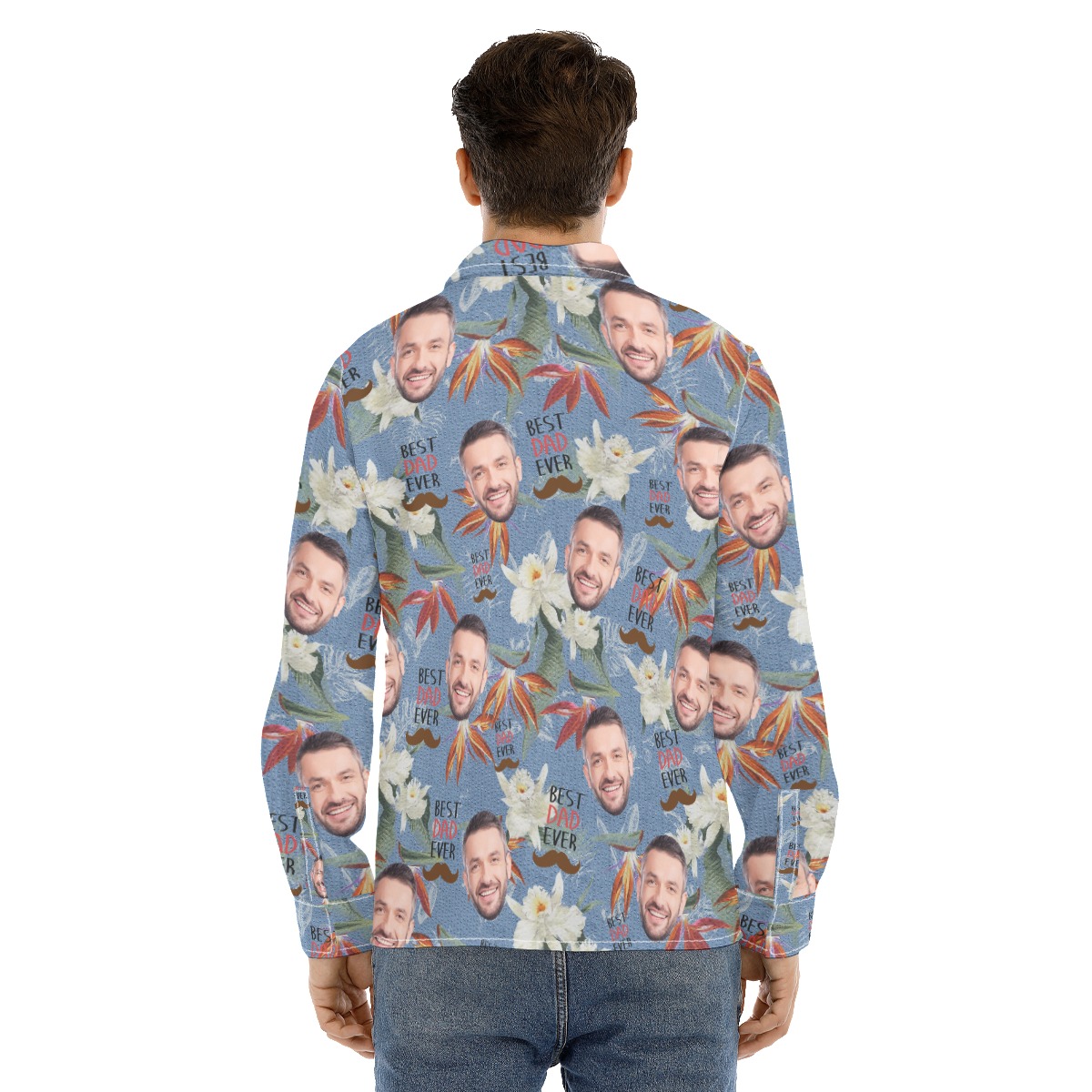 Funny Custom Face Best Dad Ever Men's Hawaiian Long Sleeve Shirt