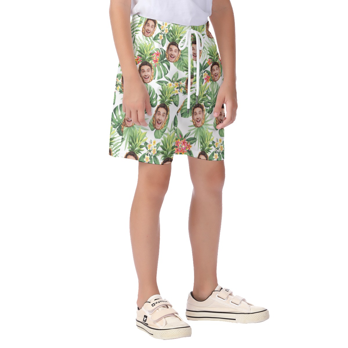 Cute Custom Face Mix Tropical Pineapple Hawaiian Beach Shorts For Kids