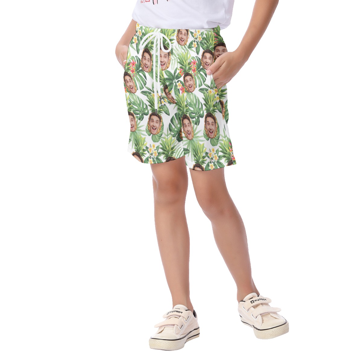 Cute Custom Face Mix Tropical Pineapple Hawaiian Beach Shorts For Kids