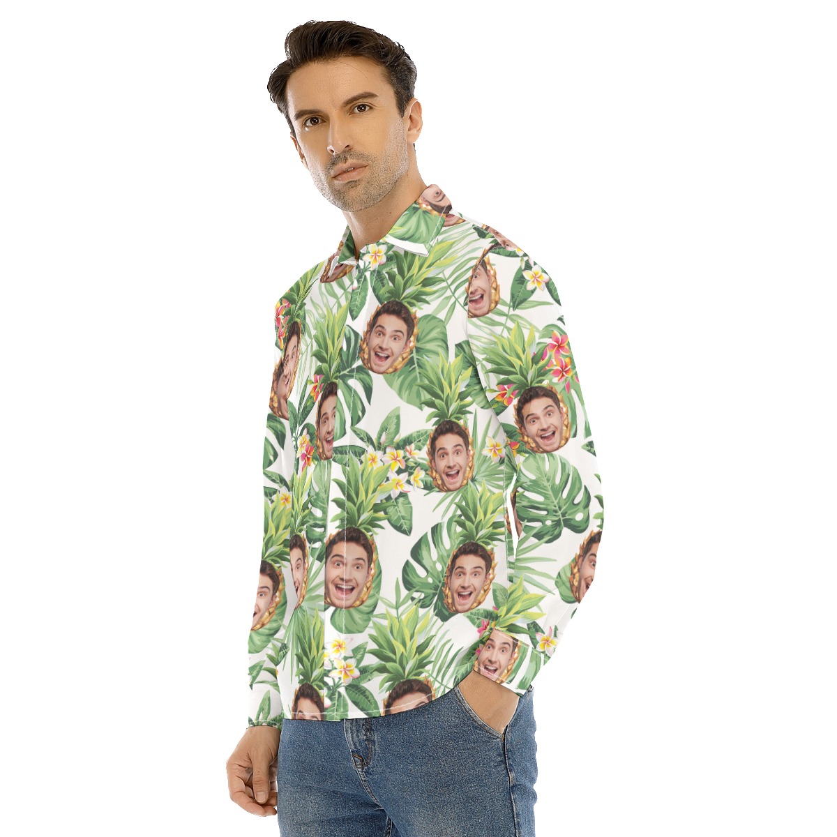 Unique Custome Face Pineapple Tropical Long Sleeve Hawaiian Shirt