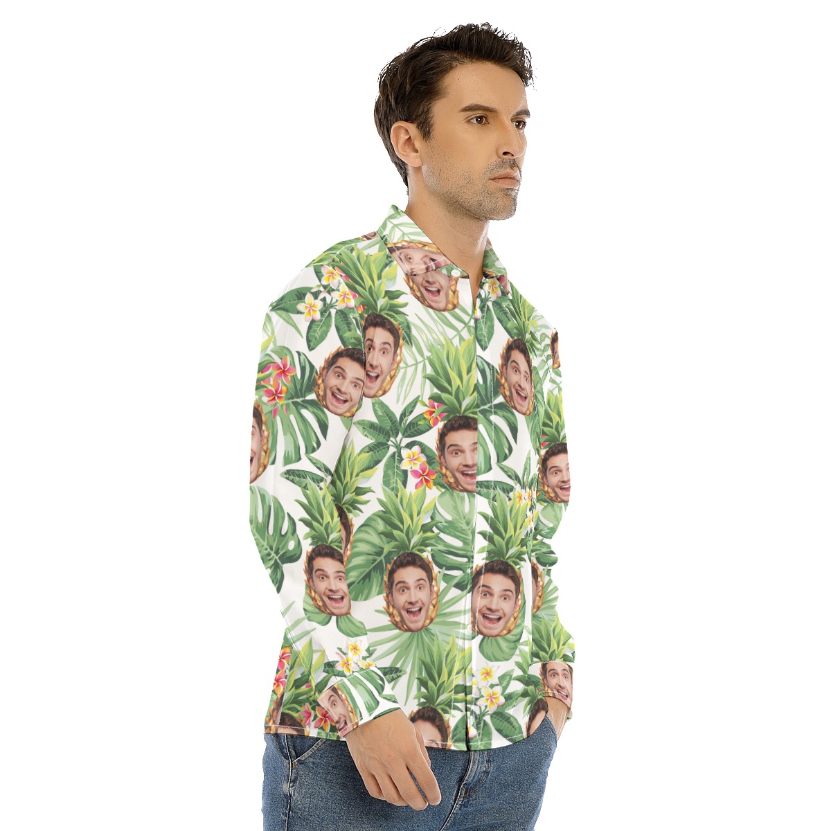 Unique Custome Face Pineapple Tropical Long Sleeve Hawaiian Shirt