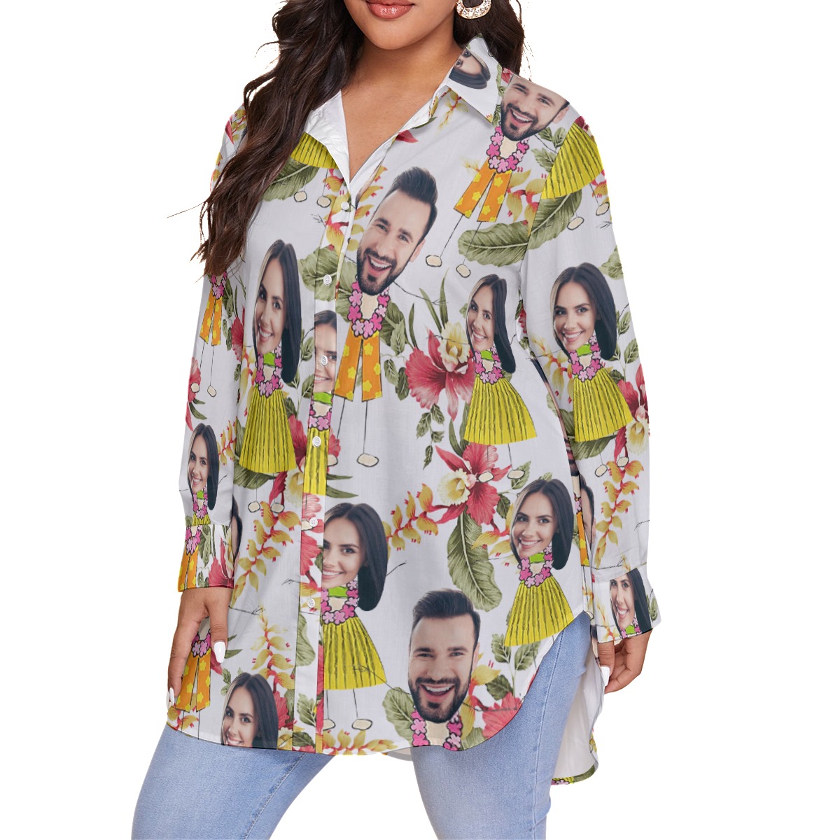 Funny Couple Custom Face Floral Hawaiian Plus Size Shirt For Women