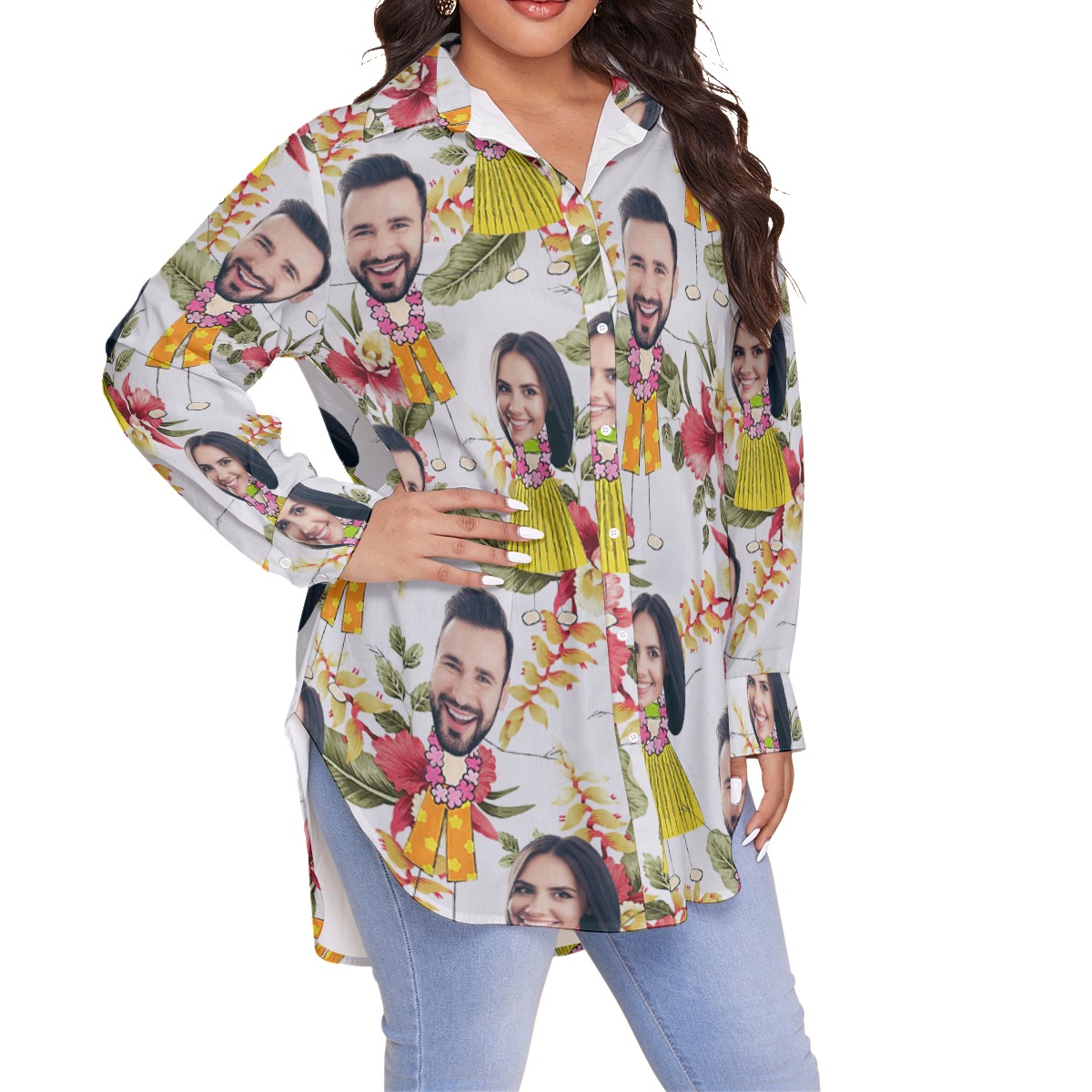 Funny Couple Custom Face Floral Hawaiian Plus Size Shirt For Women