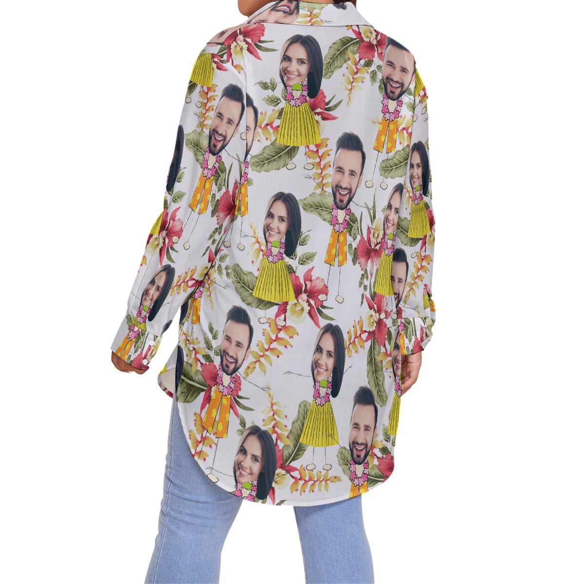 Funny Couple Custom Face Floral Hawaiian Plus Size Shirt For Women